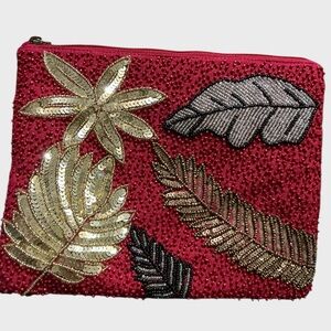 America & Beyond Beaded Leaf Embellished Travel Makeup Bag Wristlet